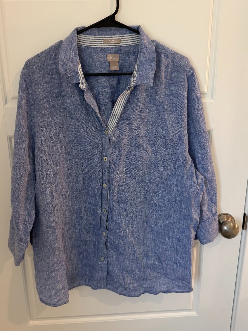 Chico's No-Iron FreshChic 100% Linen Button Up Shirt Women's Size 4 Blue